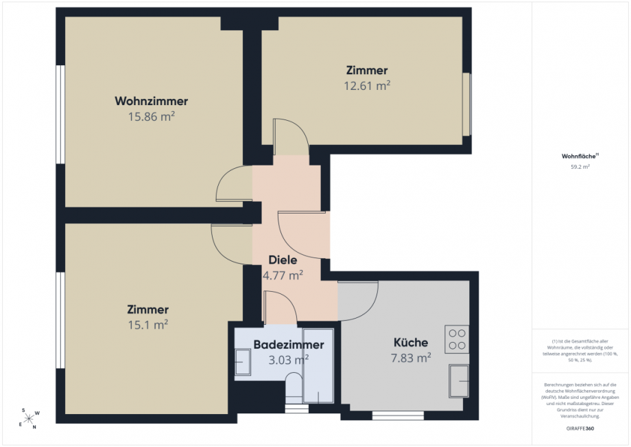 Grundriss und Fl�chen Etagenwohnung Wiesbaden